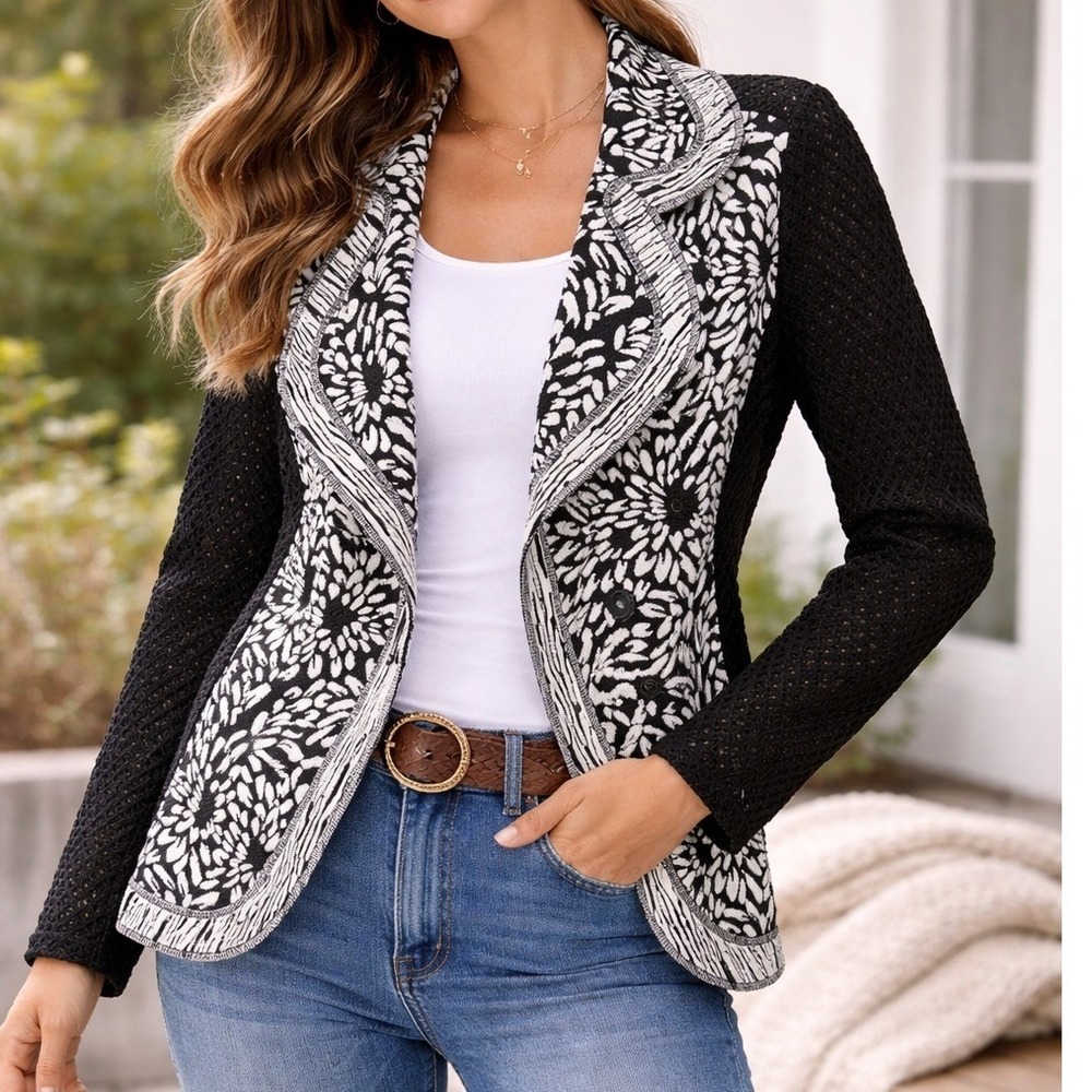 Mona Leah Couture Black White Floral Knit Jacket Med Open Front Crochet Sleeves